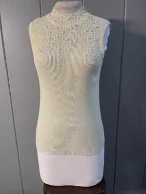 Lauren Michelle Sweater Sleeveless Gold Pearl Large  Old Money Luxury Clean Girl